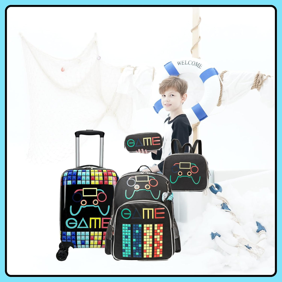 Levendige kleuren en herkenbaar Game Day design op de complete kinderbagageset.