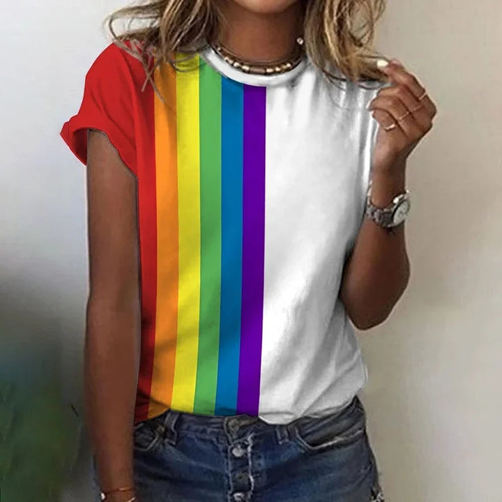 Dames T-shirt met regenboogprint in wit