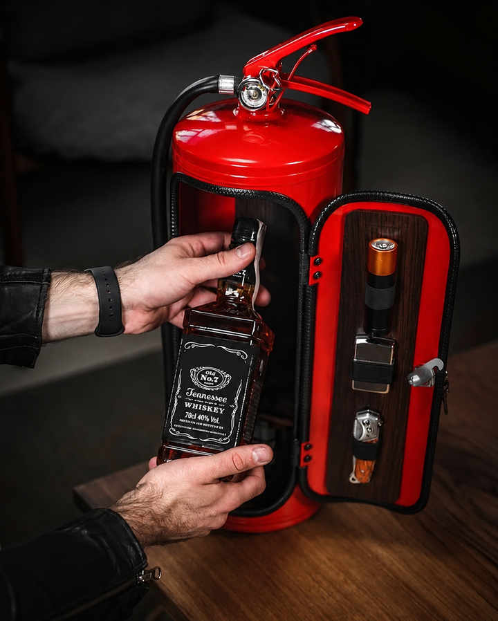 Stijlvolle verstopte bar in blusapparaatvorm, ideale drankopslag en uniek mancave gadget.