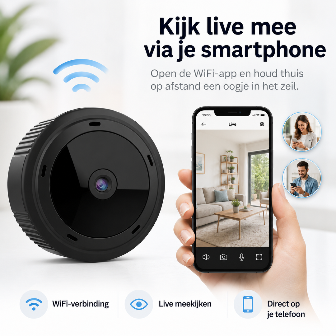 Mini draadloze babyfoon met 1080P HD beeld en IR nachtzicht voor de kinderkamer.