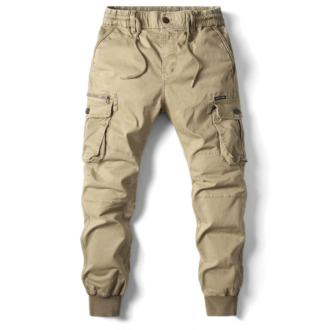 Beige heren cargo broek met handige zakken en elastische tailleband