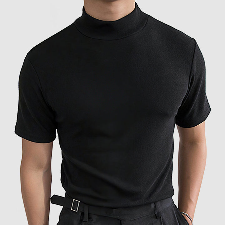 Modern heren stretch T-shirt met standkraag. Comfortabele luxe top, ideaal voor diverse gelegenheden.