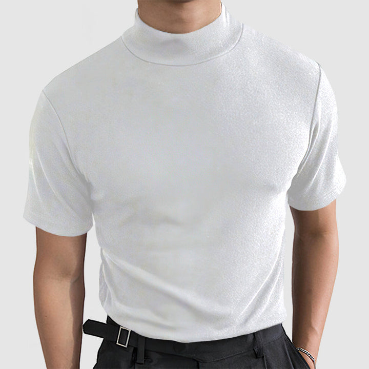 Heren luxe stretch T-shirt met stijlvolle standkraag. Perfect voor comfort en een moderne look, alle seizoenen.