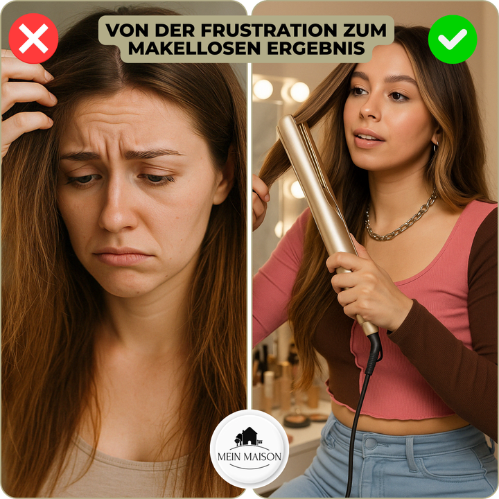 Model met perfect gestyled, glanzend steil haar, bereikt met de 2-in-1 dames haarstyler.