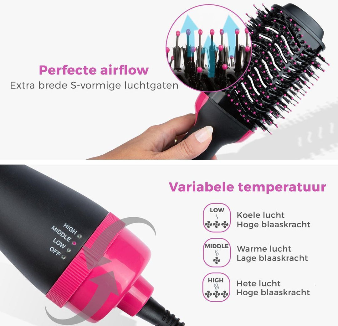 Vrouwenhand die de 4-in-1 haardroger & volumizer gebruikt voor het creëren van antistatisch, volumineus haar.
