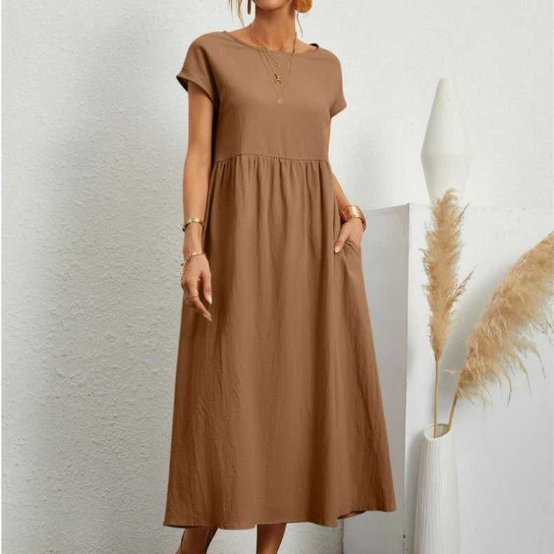 Dames A-lijn midi jurk met korte mouwen, comfortabel en elegant voor lente/zomer.