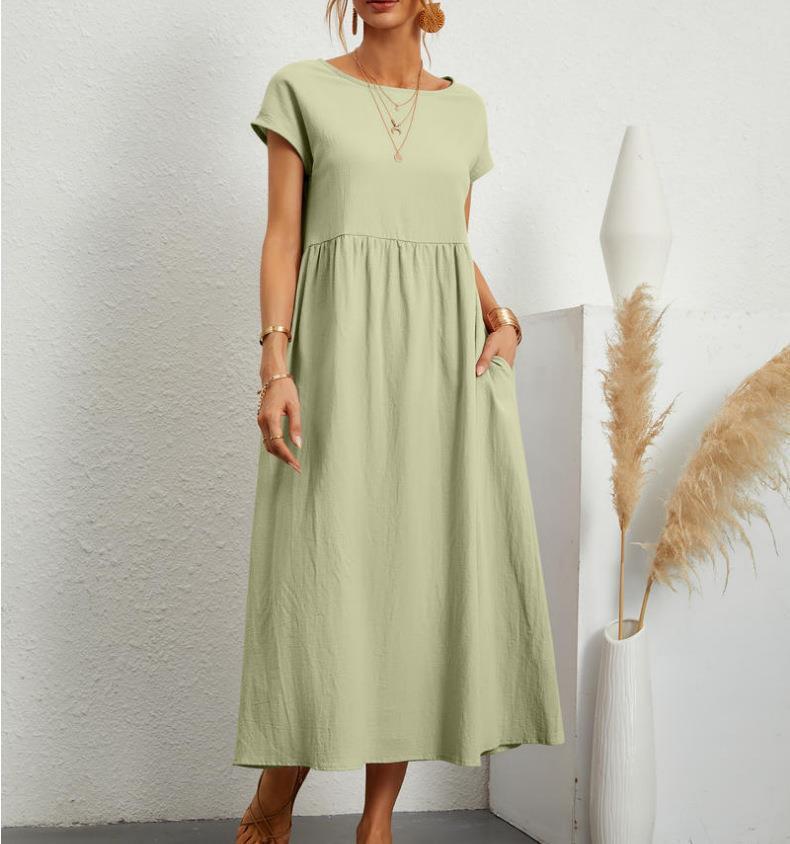 Comfortabele A-lijn midi jurk voor dames met korte mouwen, perfect voor zomerse dagen en lente-outfits.