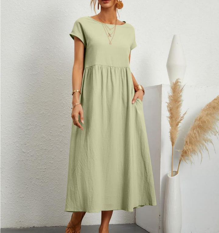 Comfortabele A-lijn midi jurk voor dames met korte mouwen, perfect voor zomerse dagen en lente-outfits.