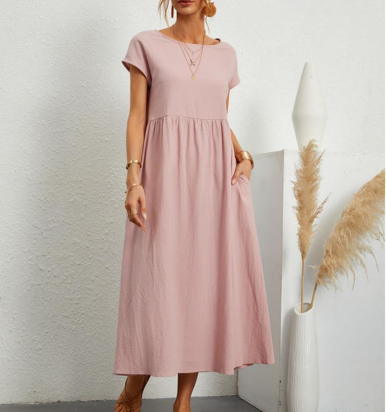 Dagelijkse comfortabele dames A-lijn midi jurk met korte mouwen, elegant en perfect voor lente.