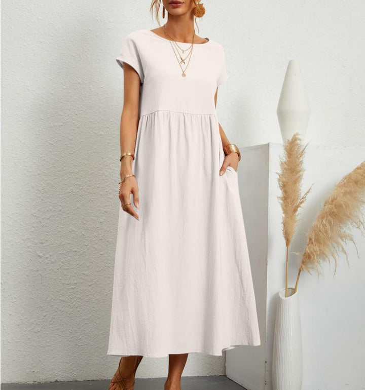 Elegante dames midi jurk A-lijn, met korte mouwen, comfortabel en veelzijdig voor warme dagen.