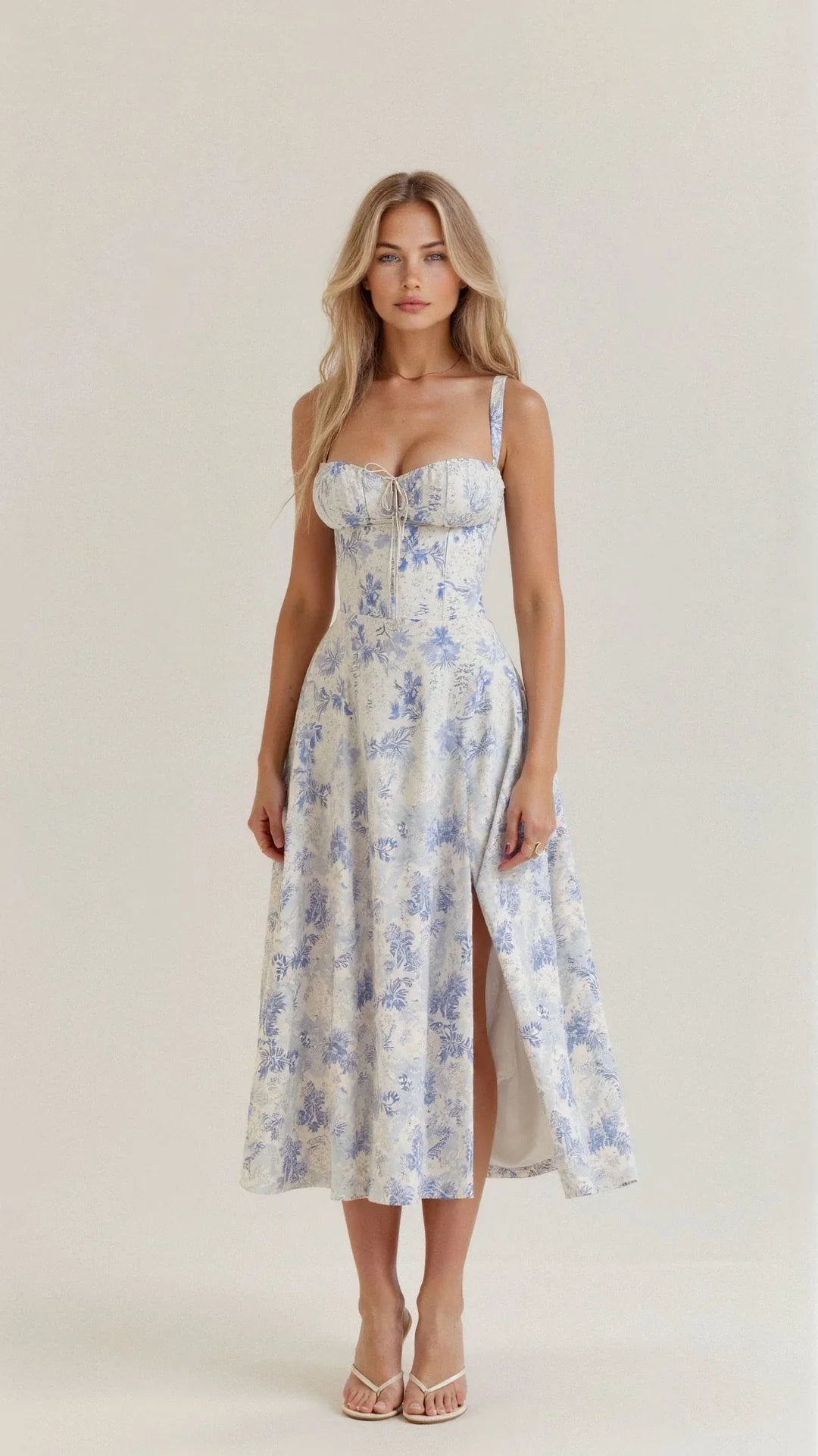 Dames A-lijn midijurk met bloemenprint en spaghettibandjes, perfect voor zomerse dagen.