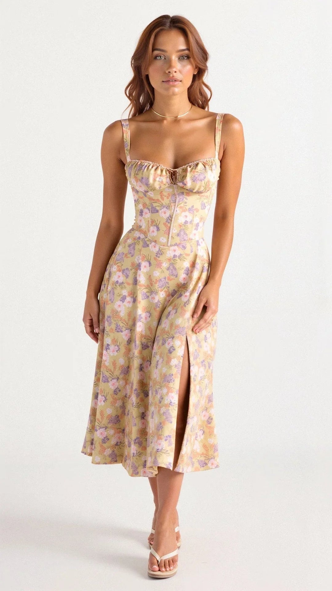 Trendy dames zomerjurk, midilengte, met vrolijke bloemen en dunne spaghettibandjes, ideaal voor lente.