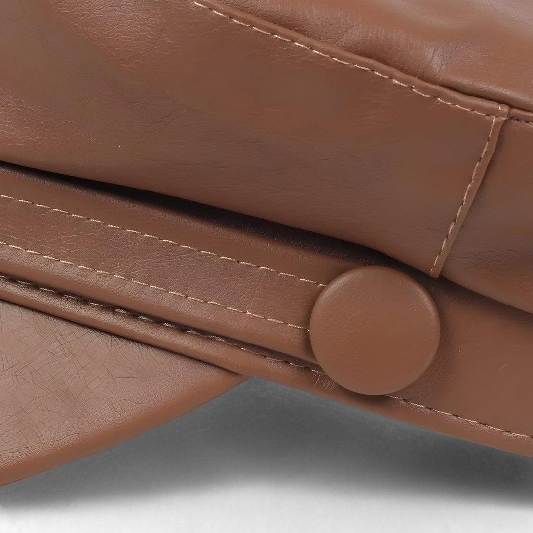 Achthoekige dames schippermuts van glanzend PU-leer. Een modieuze pet voor een complete look.