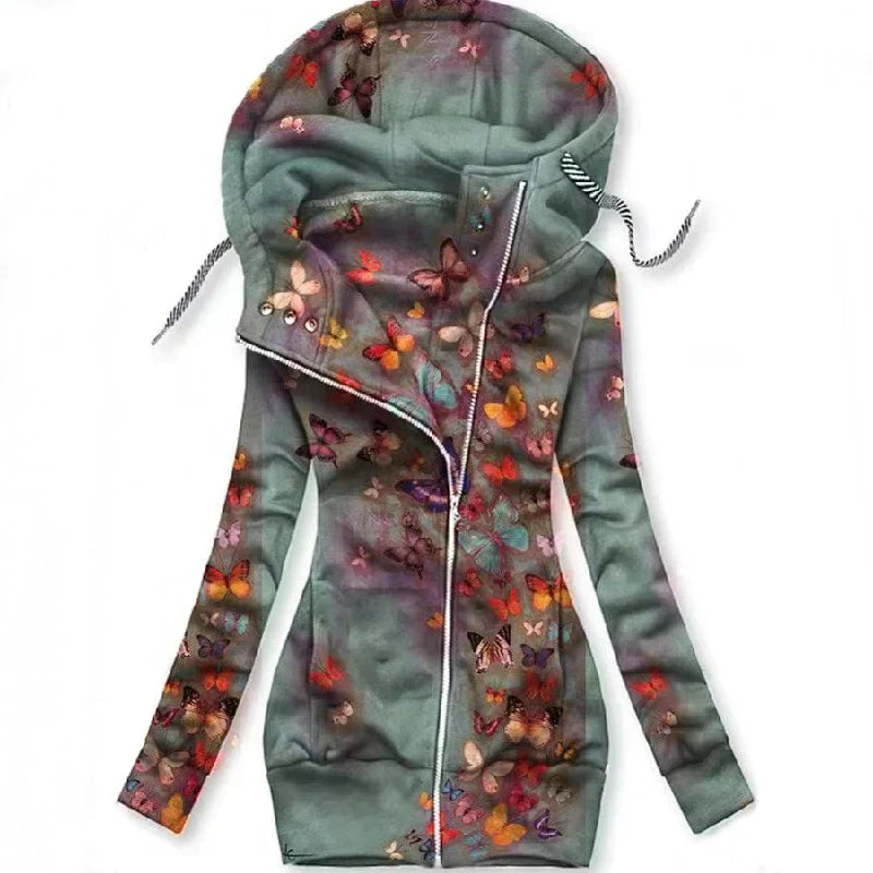 Dames Alina cardigan met vlinderprint, comfortabel en warm, ideaal voor herfst/winter. Stijlvol en modieus.