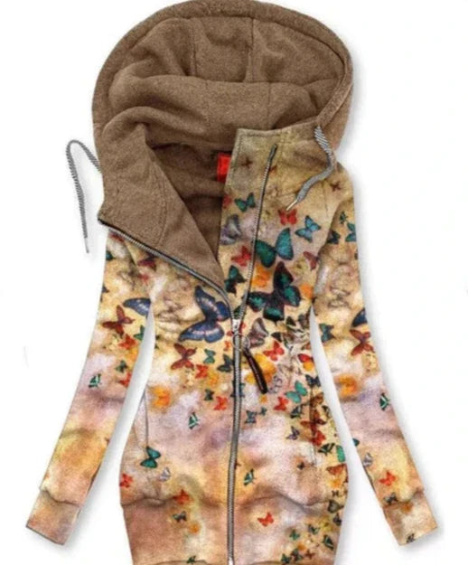 Dames Alina cardigan met praktische ritssluiting en unieke vlinderprint voor een modieuze en elegante uitstraling.