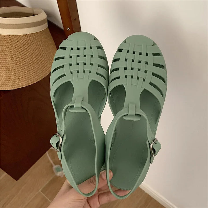 Zwarte dames plateau sandalen, trendy Koreaanse stijl, perfect voor vrijetijd.