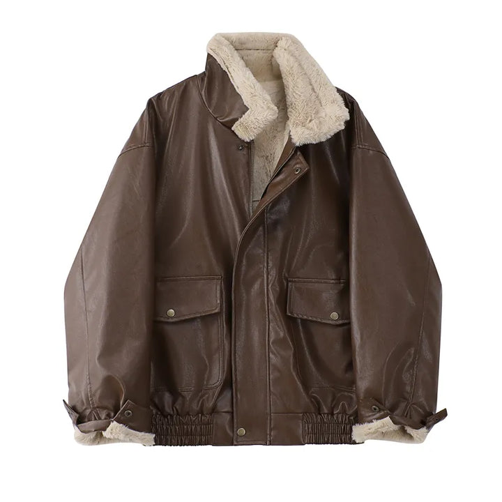 Zwarte dames leren winterjas, vintage look, comfortabele lamswol voering, ideaal voor casual mode.