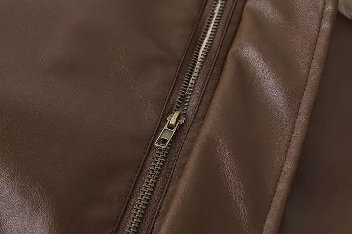 Dames winterjas Amanda, vintage leren look met warme lamswol voering, modieus en functioneel.