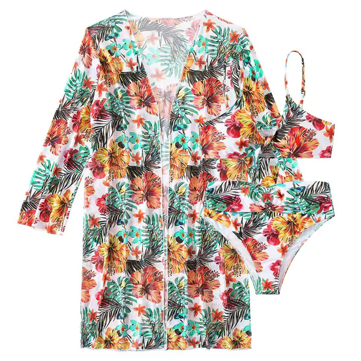 Complete dames badkleding set: hoge taille bikinitop en broekje met bijpassende cover-up.