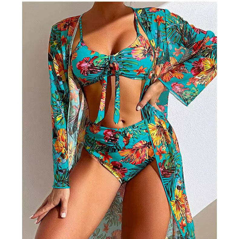 Trendy dames bikiniset hoge taille met cover-up; comfortabele stretch badkleding voor zomer en vakantie.