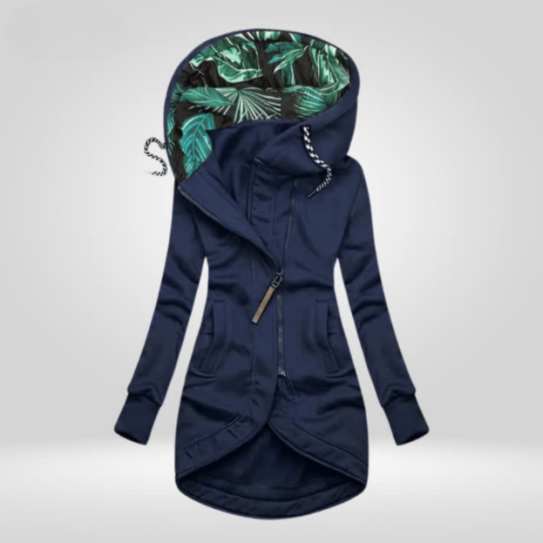 Dames asymmetrische jas met capuchon, stijlvol en modern, ideaal voor het tussenseizoen.
