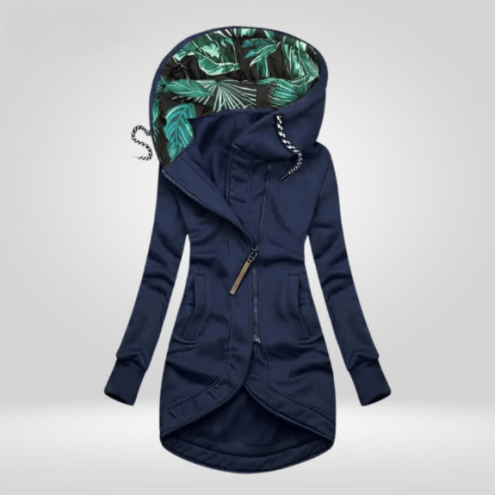 Dames asymmetrische jas met capuchon, stijlvol en modern, ideaal voor het tussenseizoen.