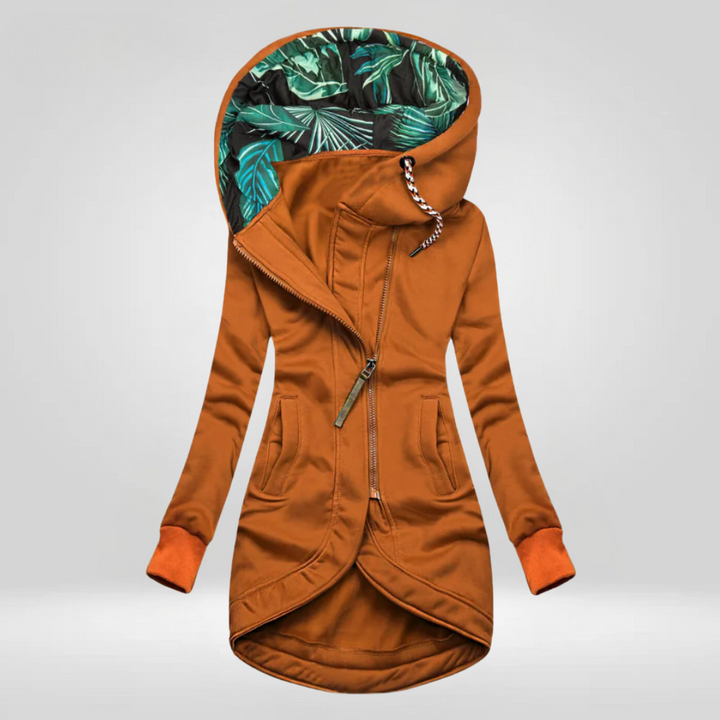 Elegante dames asymmetrische jas met capuchon, modieus en functioneel voor zowel de winter als het tussenseizoen.