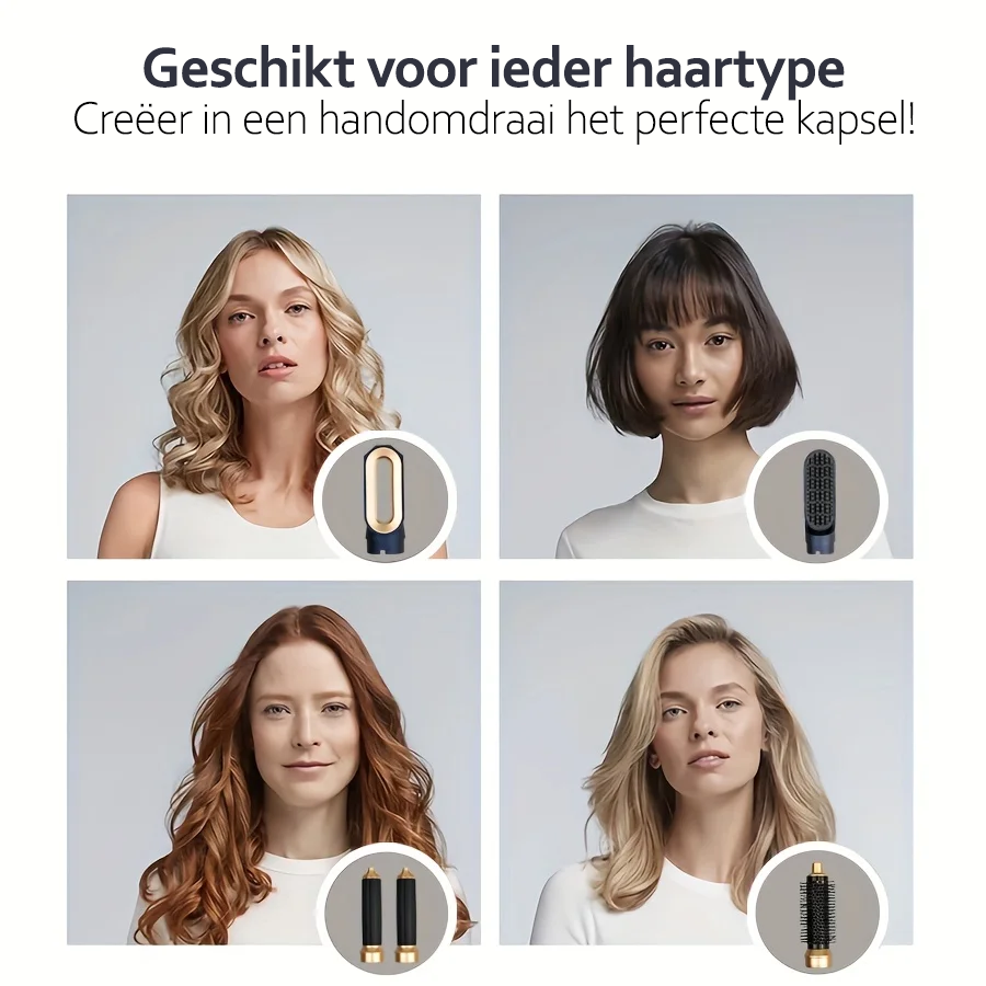 Vrouwen multistyler met opzetstuk voor prachtige krullen dankzij ionische technologie, voorkomt pluizen.