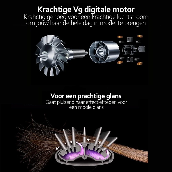 5-in-1 haarstyler voor glad en glanzend haar, met stijltang opzetstuk en ionische pluisvrije afwerking.