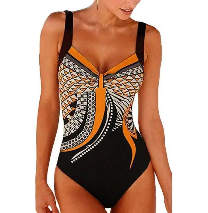 Detail van trendy print op bedrukt dames badpak. Sneldrogende en chloorbestendige zwemkleding.