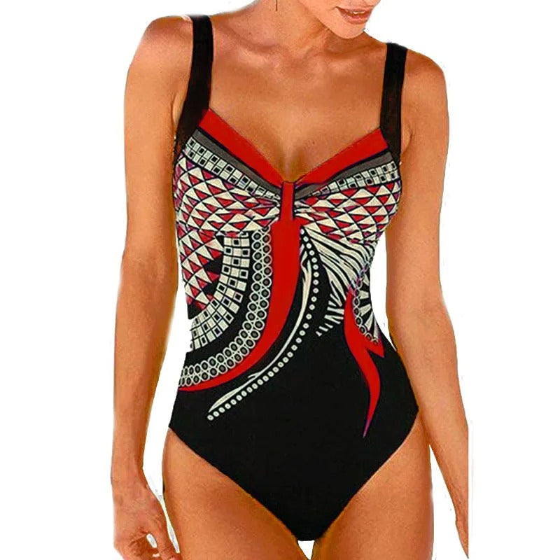 Dames bedrukt badpak met vrolijke print, toont flatterende pasvorm. Essentiële zomer- en zwemkleding.