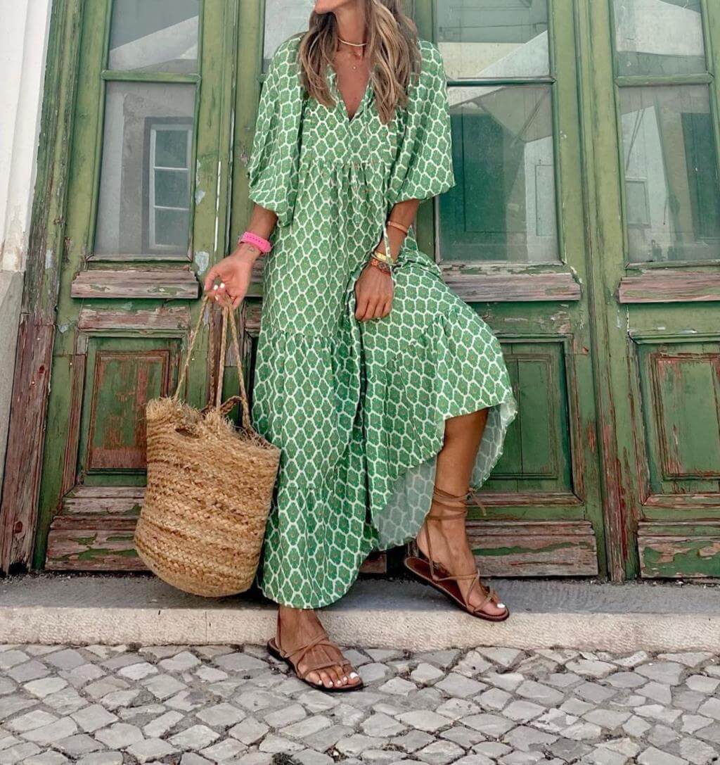 Bedrukte maxi jurk Aurelia voor dames, met elegante tailleband en vloeiende pasvorm, veelzijdig voor elke gelegenheid.