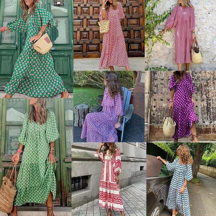 Dames bedrukte maxi jurk Aurelia met flatterende tailleband, zomerse vrouwenmode met kleurrijke print.