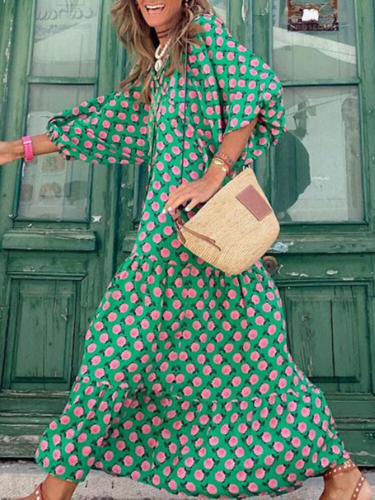 Kleurrijke bedrukte maxi jurk voor dames, comfortabel en casual voor de zomer.