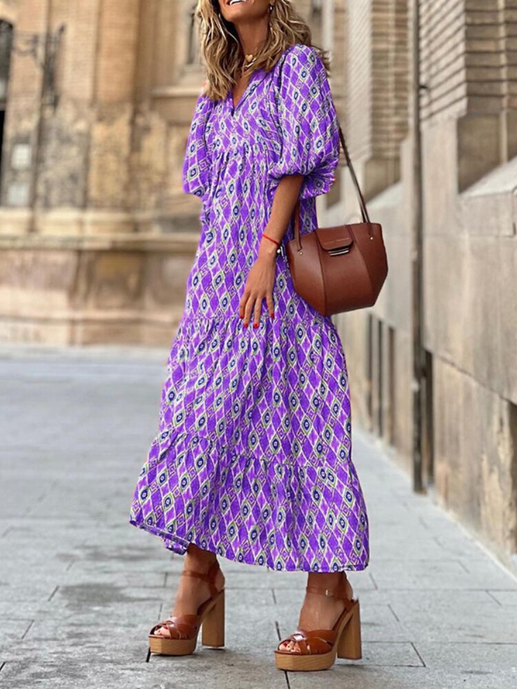 Dames bedrukte maxi jurk met tailleband, ideaal voor casual gelegenheden, strand of vakantie.