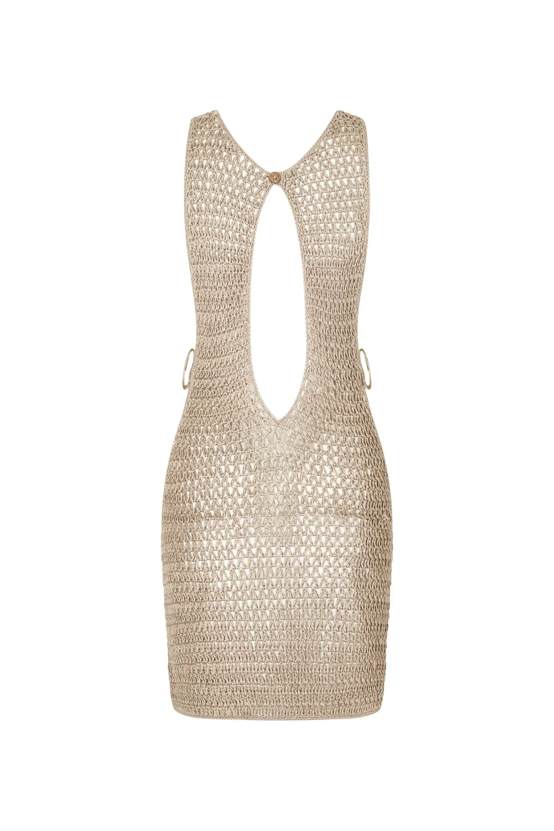 Casual beige gebreide strandjurk voor dames. Een doorschijnende en luchtige zomerjurk voor de kust.