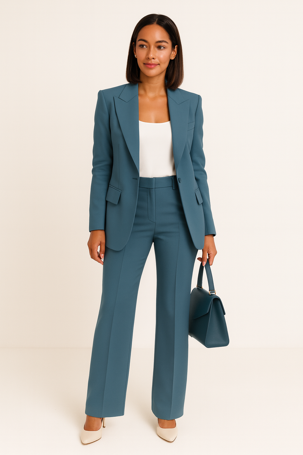 Elegante vrouw poseert met een blauw tweedelig pak met wijde pijp en bijpassende handtas