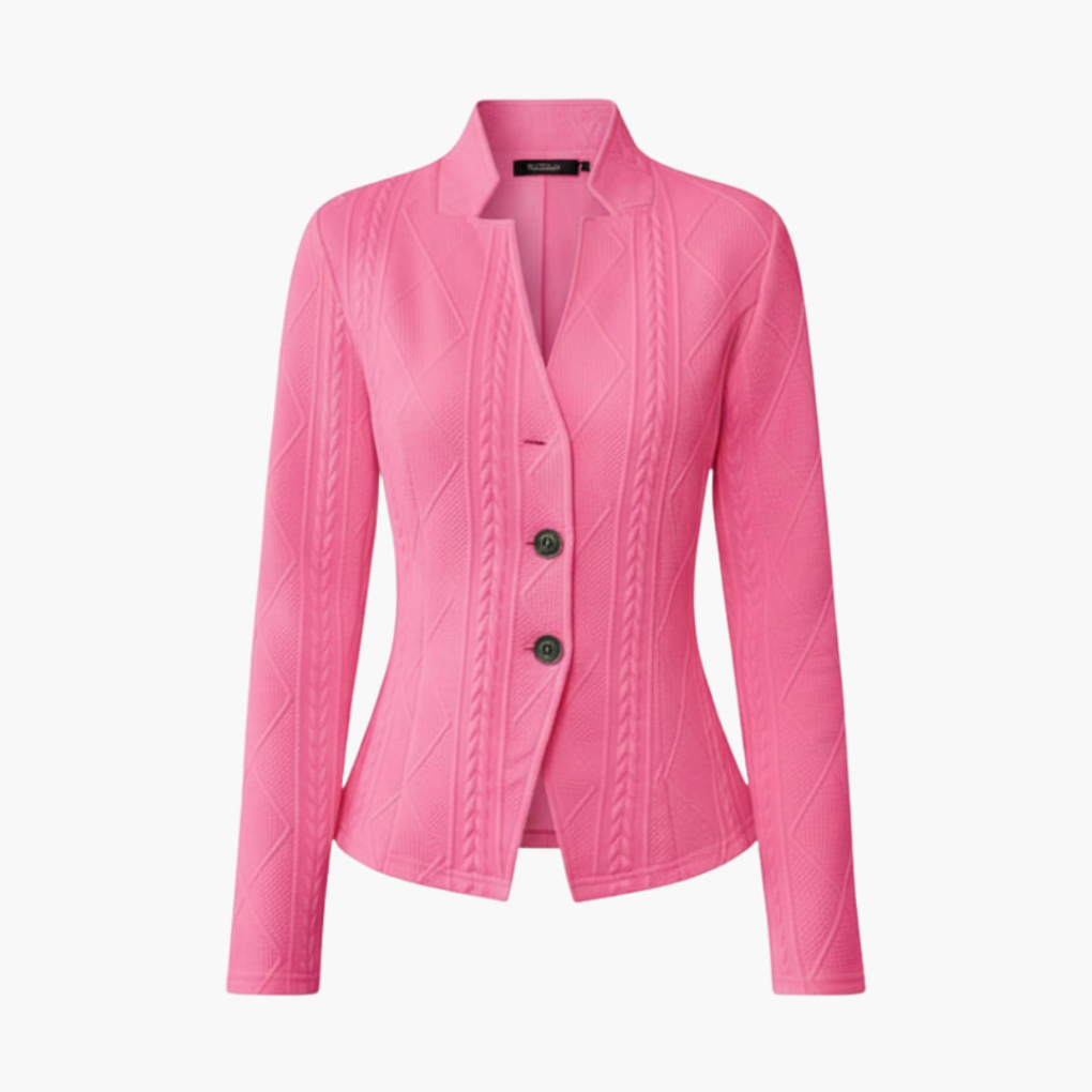 Dames blazer met klassieke reverskraag en elegante knopen, perfect voor zakelijke of smart casual outfits.