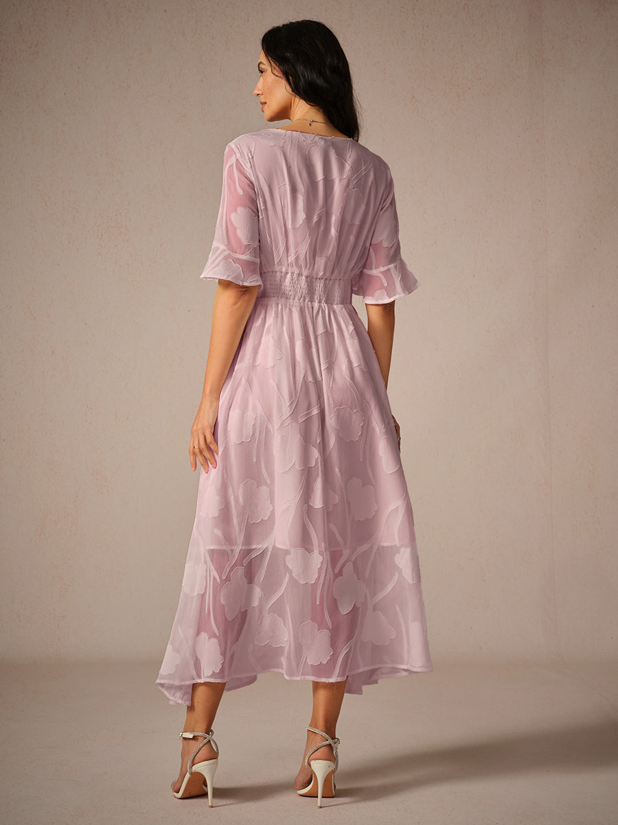 Midi jurk dames, bloemenprint, A-lijn, met fladdermouwen en V-hals. Ideaal voor een elegante uitstraling.