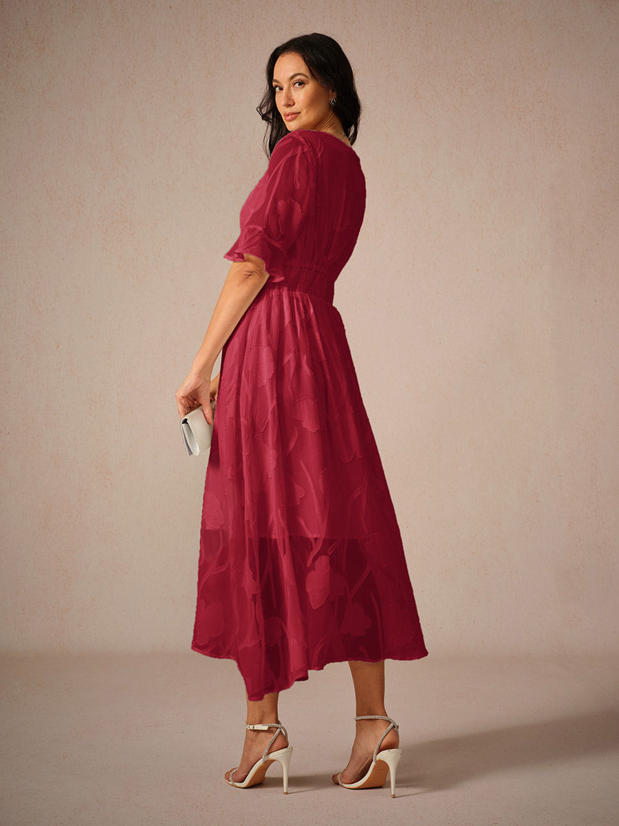 Dames bloemen A-lijn midi jurk, fladdermouwen, V-hals, perfect als zomerjurk of feestjurk.