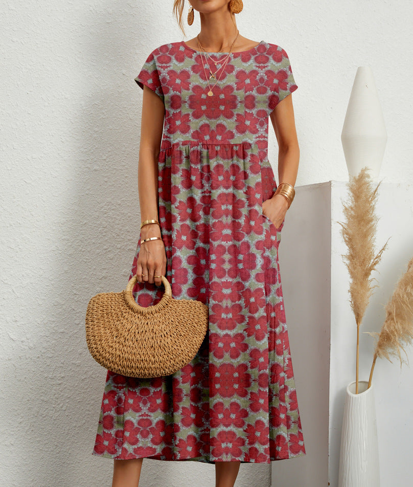 Dames bloemen A-lijn midi jurk met vrolijke bloemenprint en handige zakken, ideaal voor lente en zomer.