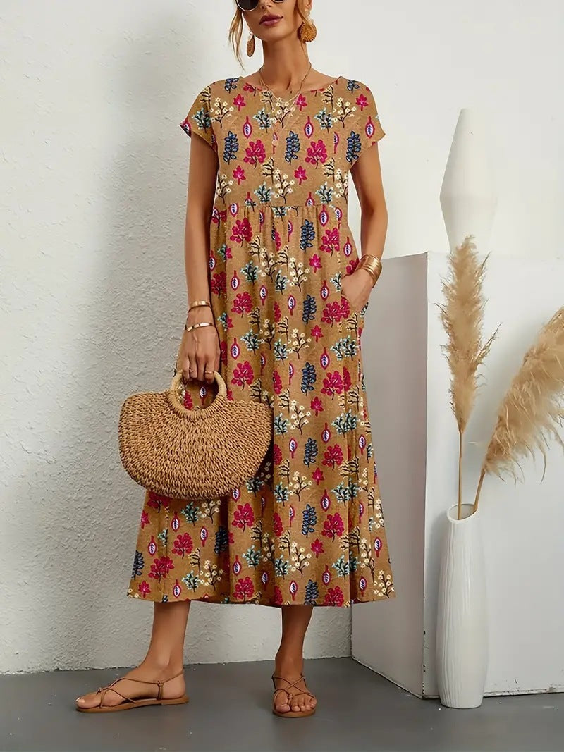 Mooie bloemen A-lijn jurk voor vrouwen, midi lengte, met zakken. Perfecte lente- of zomerjurk voor elke stijl.