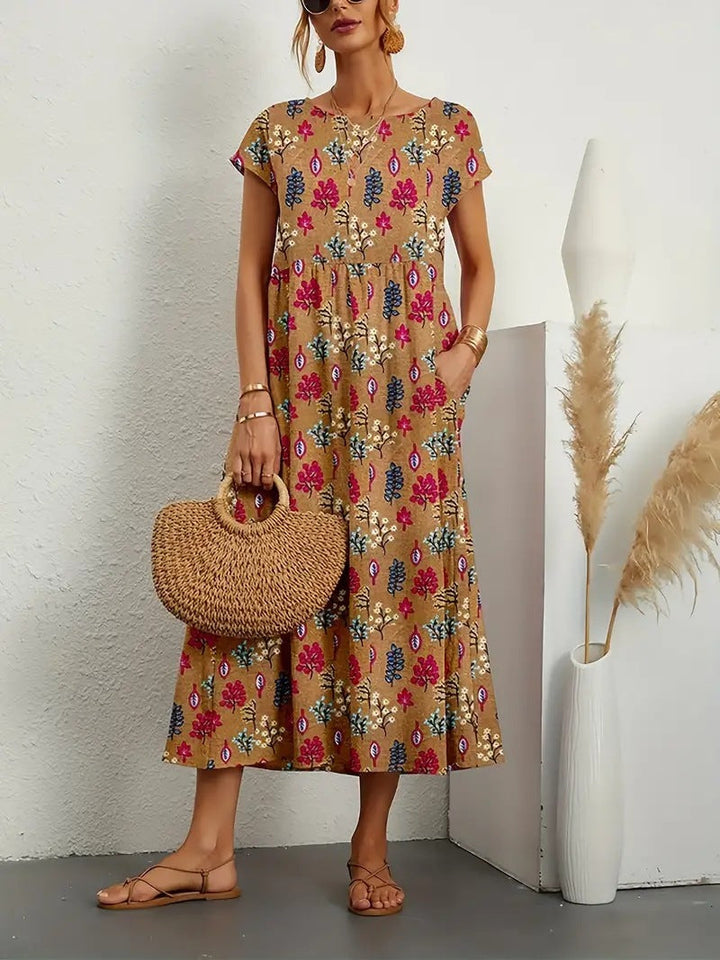 Mooie bloemen A-lijn jurk voor vrouwen, midi lengte, met zakken. Perfecte lente- of zomerjurk voor elke stijl.