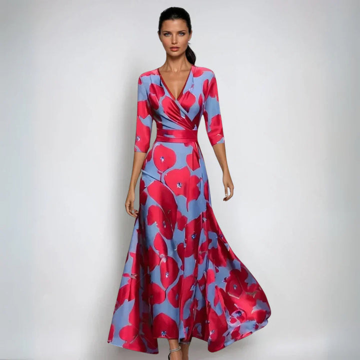 Dames bloemen maxi-wikkeljurk met V-hals en 3/4 mouwen, ideaal voor zomer en lente.