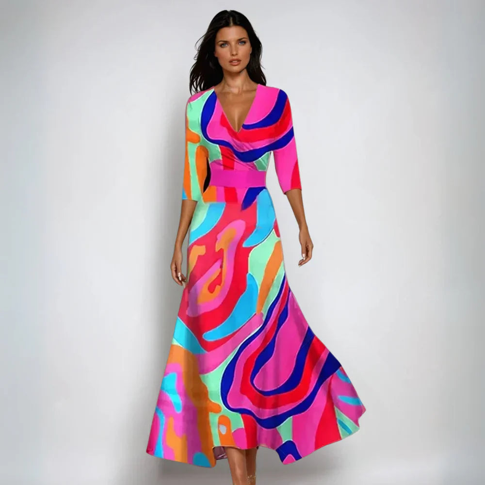 Trendy bloemenprint wikkeljurk voor dames. Lange lente/zomerjurk met V-hals, comfortabel en stijlvol.