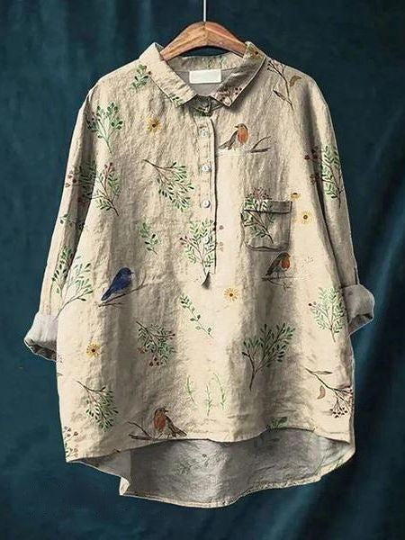 Dames bloemenprint blouse met knoopsluiting, lange mouwen en hi-lo zoom. Comfortabele zomer mode.