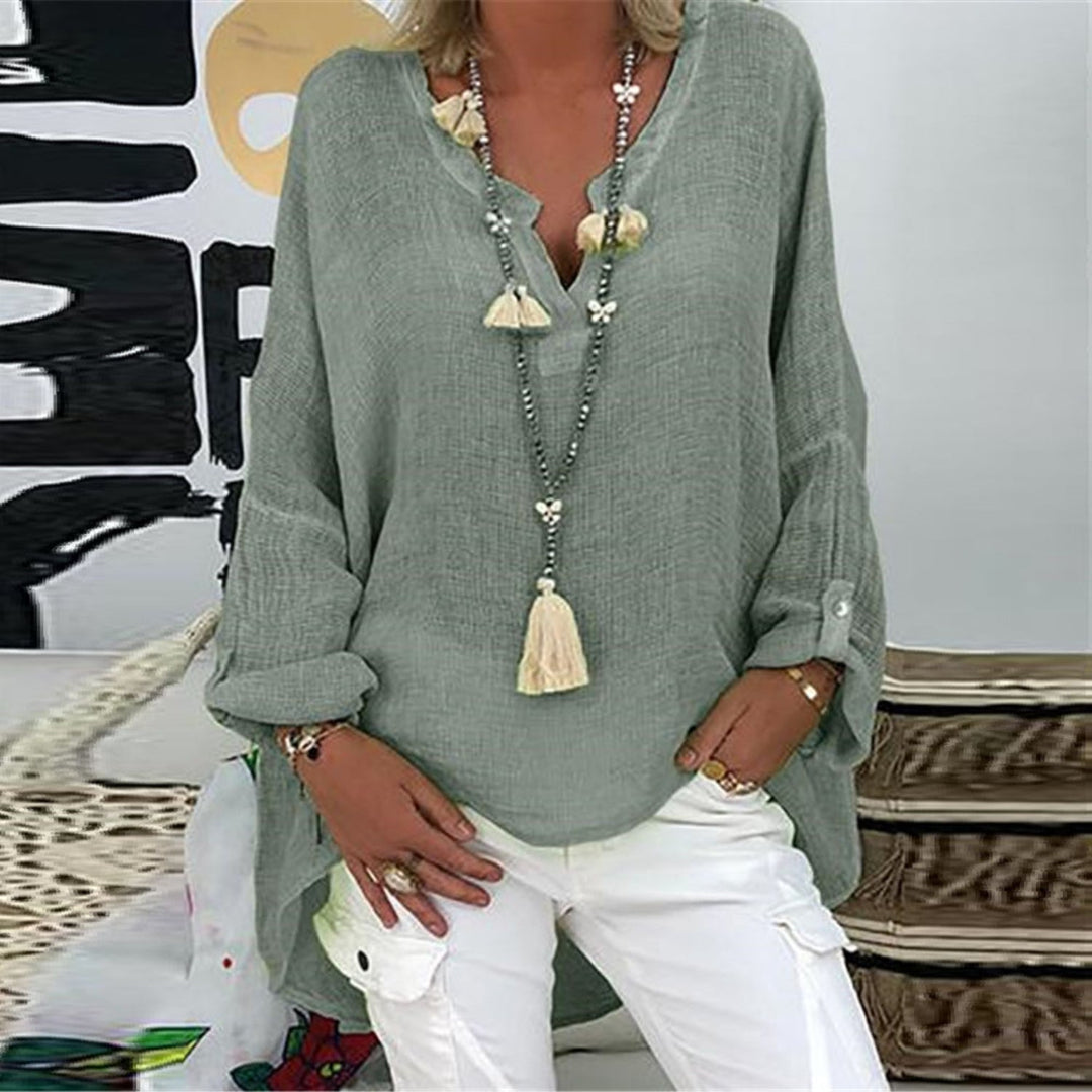 Dames blouse Elodie van linnen, elegant en comfortabel, met lange mouwen, perfect voor de zomer.