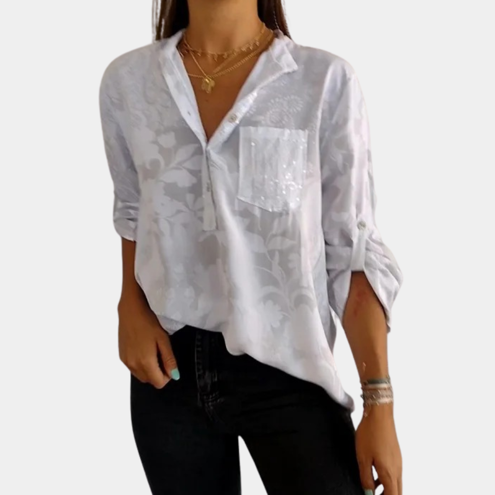 "Dames blouse met verstelbare mouwen, luchtige zomerstijl, ideaal voor casual en zakelijke outfits."