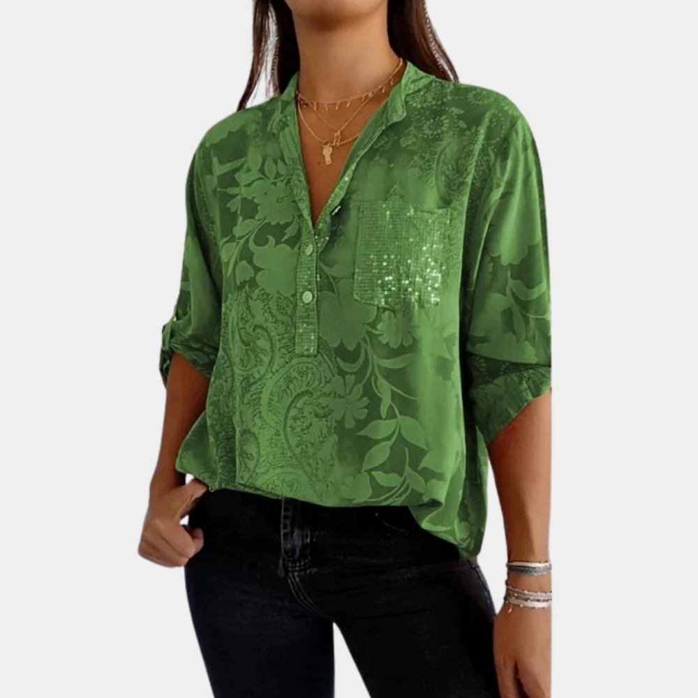 "Dames blouse met verstelbare mouwen, luchtige zomerstijl, ideaal voor casual en zakelijke outfits."
