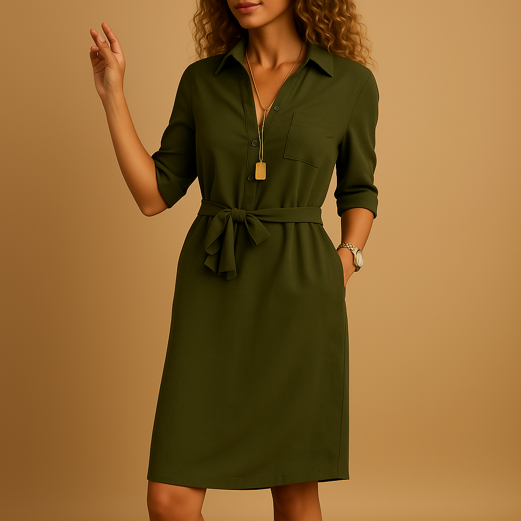 Stijlvolle midi jurk voor dames met hemdkraag en elegante strikceintuur